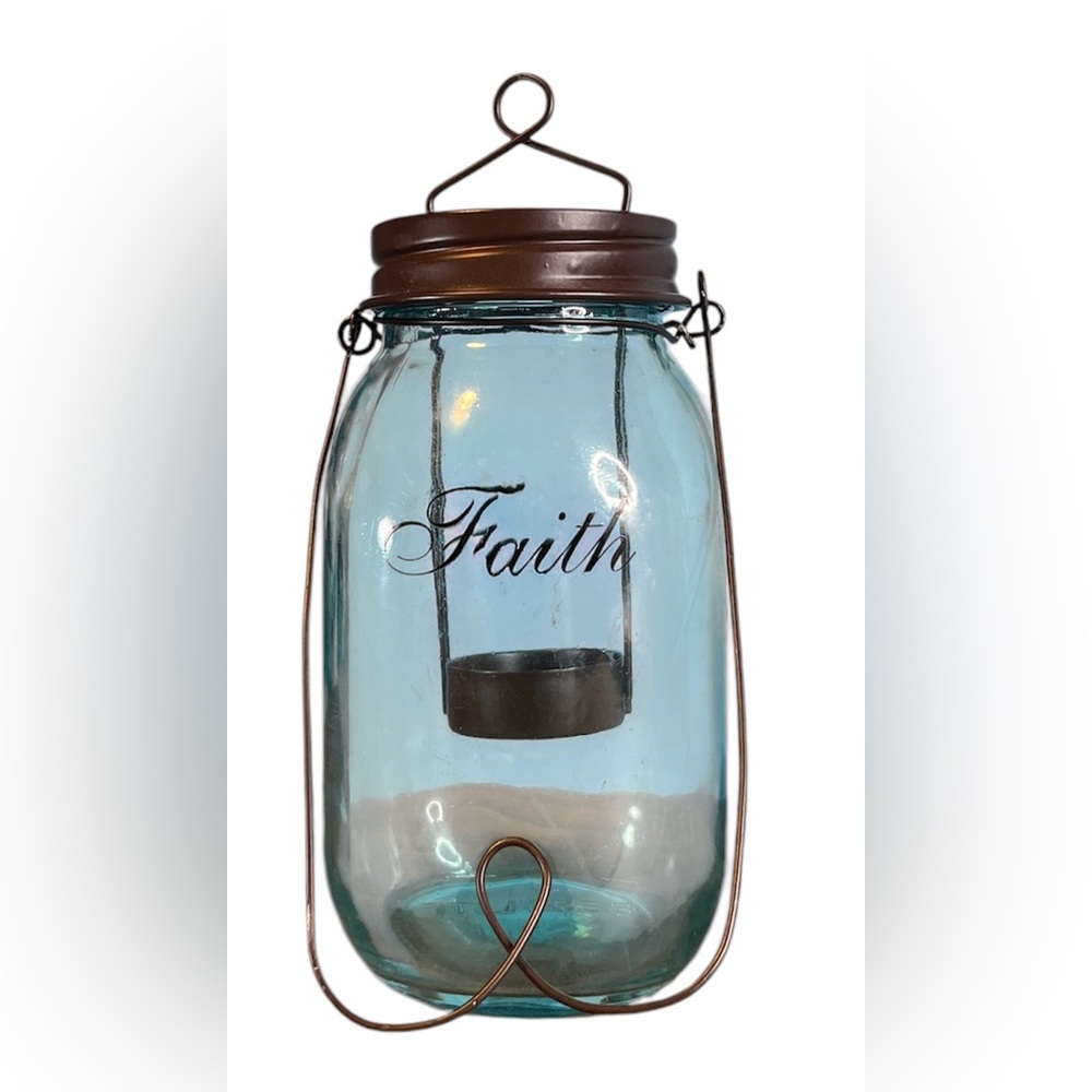 “Faith” Blue Glass Tealight Candle Lantern